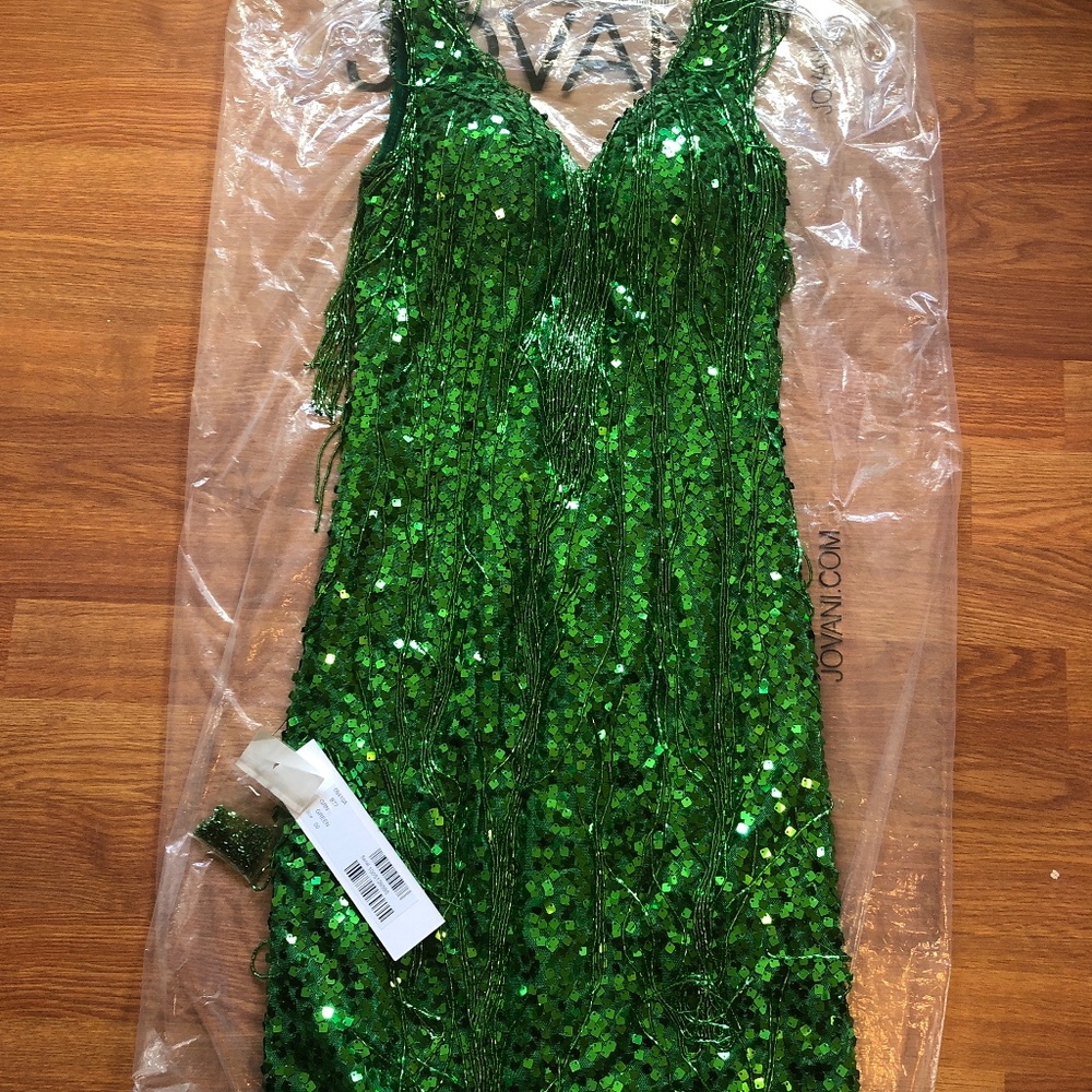 Jovani  green sequin and fringe beaded short dress